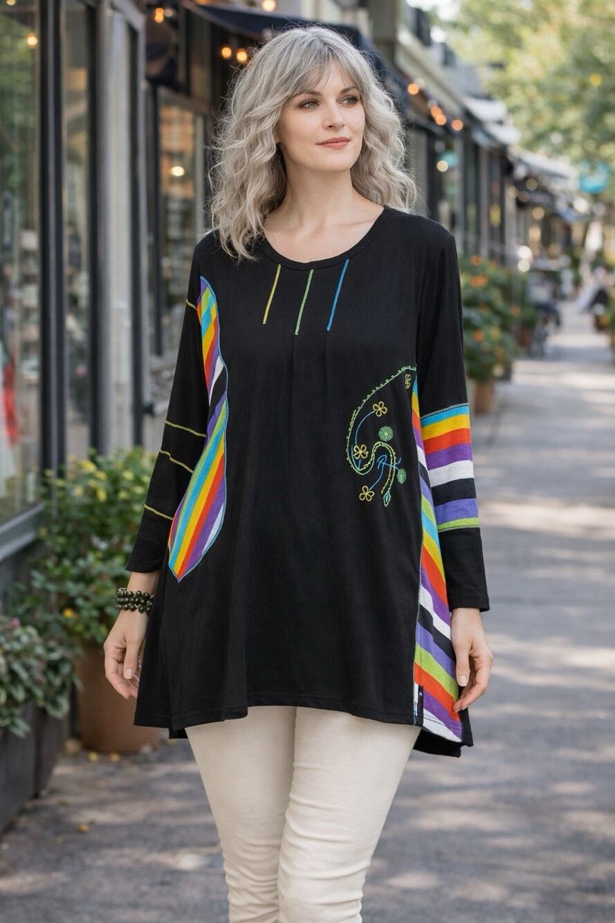 Parsley & Sage Artsy Lagenlook Tunic Black Rainbow Striped Embroidered Sz L EUC